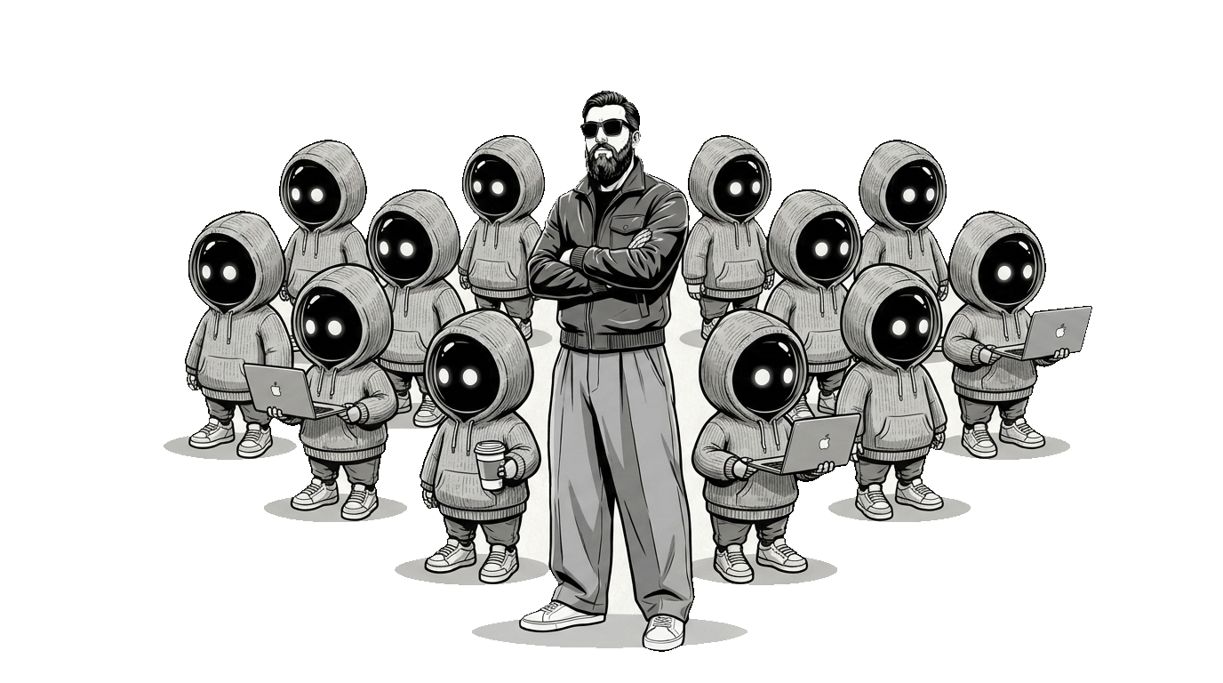 ZZ with arms crossed, his army of little robots behind him