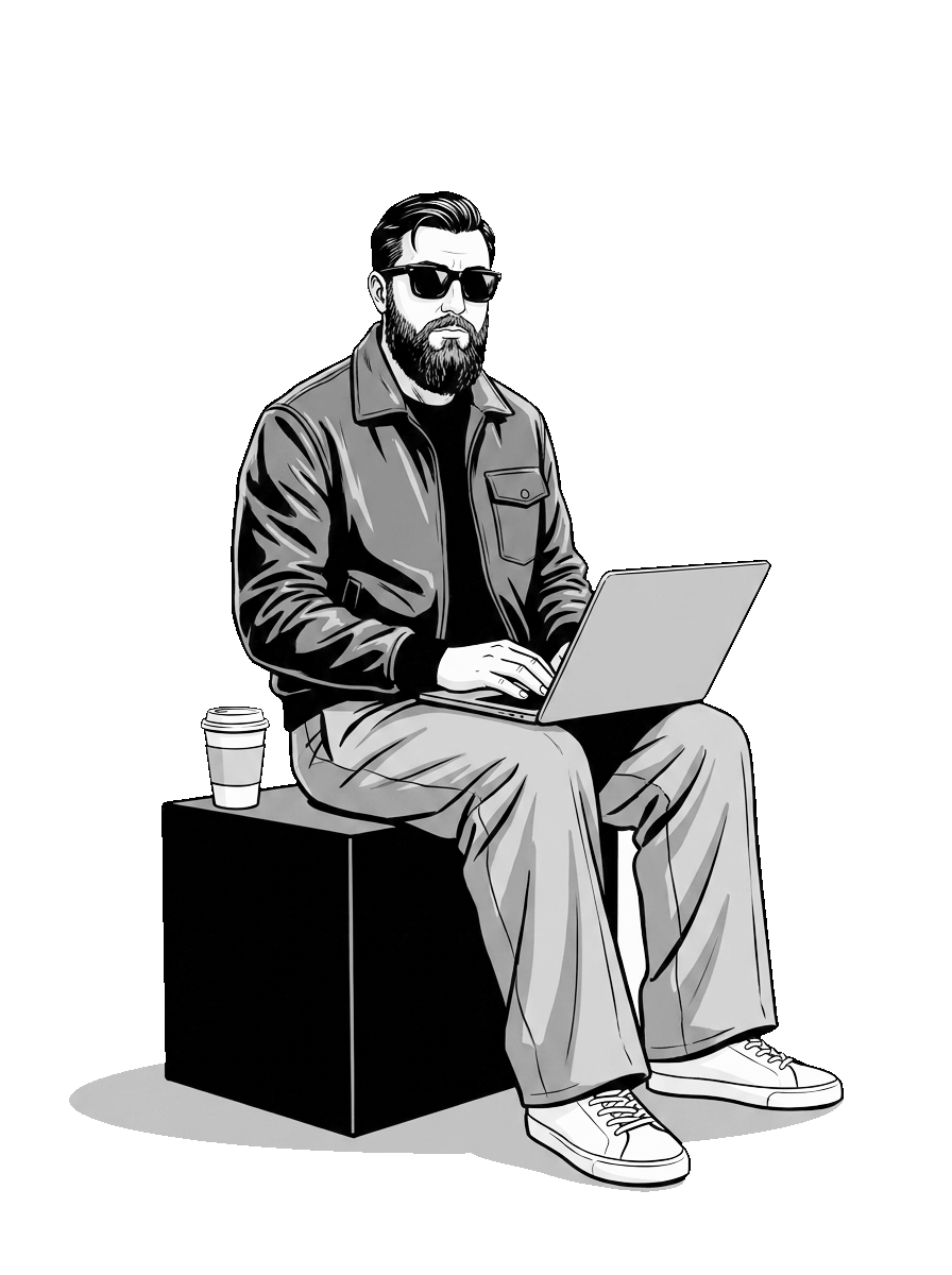 ZZ sitting with a laptop and coffee